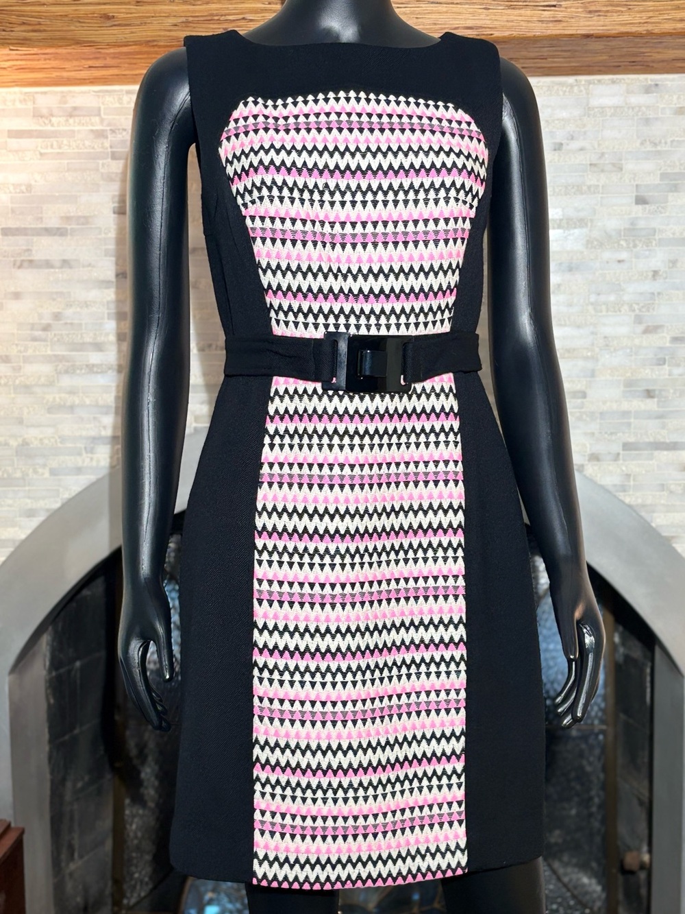 Milly of New York "Fiona" Belted Tweed Sheath Dress - Pink & Black, size 6
